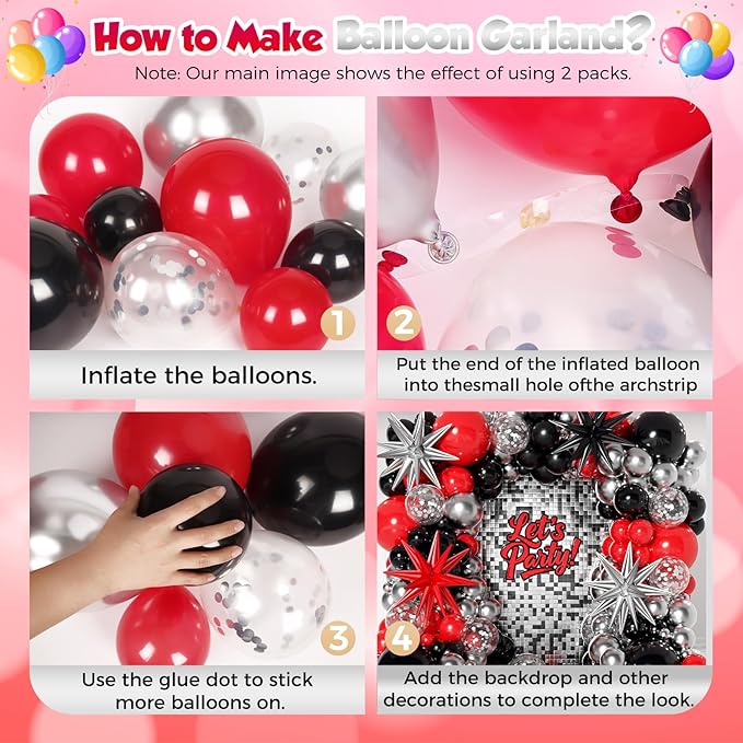 153Pcs Red and Black Silver Balloons Garland Arch Kit with Stars -22 18 12 10 5 inch Different Size Red Black Metallic Silver Balloon for Birthday Graduation Racing Car Poker Party Decorations