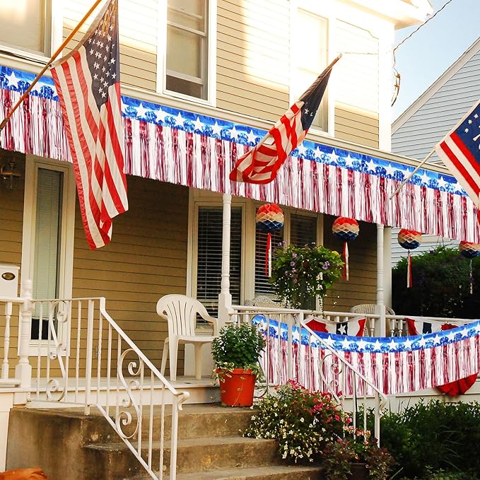 6Pack 60ft 4th of July Decorations Banner USA Stars Foil Fringe Garland Tinsel Streamers Red White and Blue Flag for Independent Memorial Veterans Day Patriotic Party USA 250 Anniversary Decorations