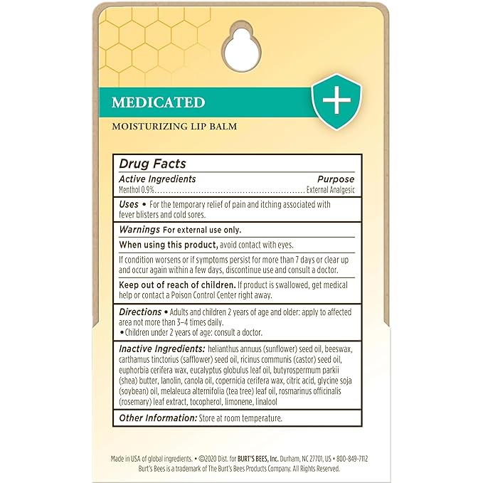 Burt's Bees Medicated Lip Balm, With Eucalyptus Oil and Menthol, Tint-Free, Natural Origin Lip Care, 2 Tubes, 0.15 oz.