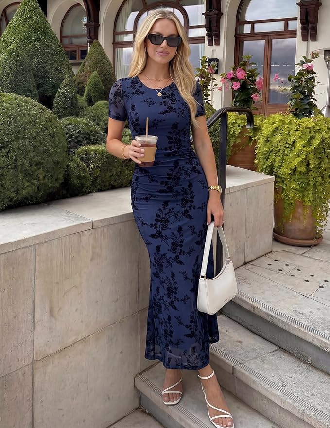 ZESICA Women's Summer Floral Bodycon Long Dress 2026 Ruched Mesh Formal Cocktail Party Wedding Guest Maxi Dresses
