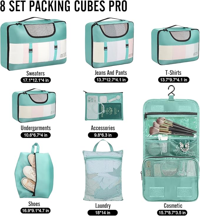Veken 8 Set Packing Cubes for Travel Essentials, Suitcase Organizer Bags in 4 Sizes, Carry-On Luggage Accessories with Large Laundry & Hanging Toiletry Bag, Must-Have for Airplane, Road Trip & Camping