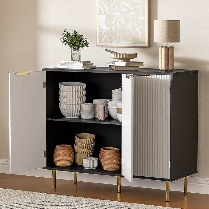 Fluted Buffet Sideboard with 3 Doors, Modern Accent Cabinet with Adjustable Shelves, Kitchen Storage Cabinet with Golden Handles, Coffee Bar for Kitchen, Black & White