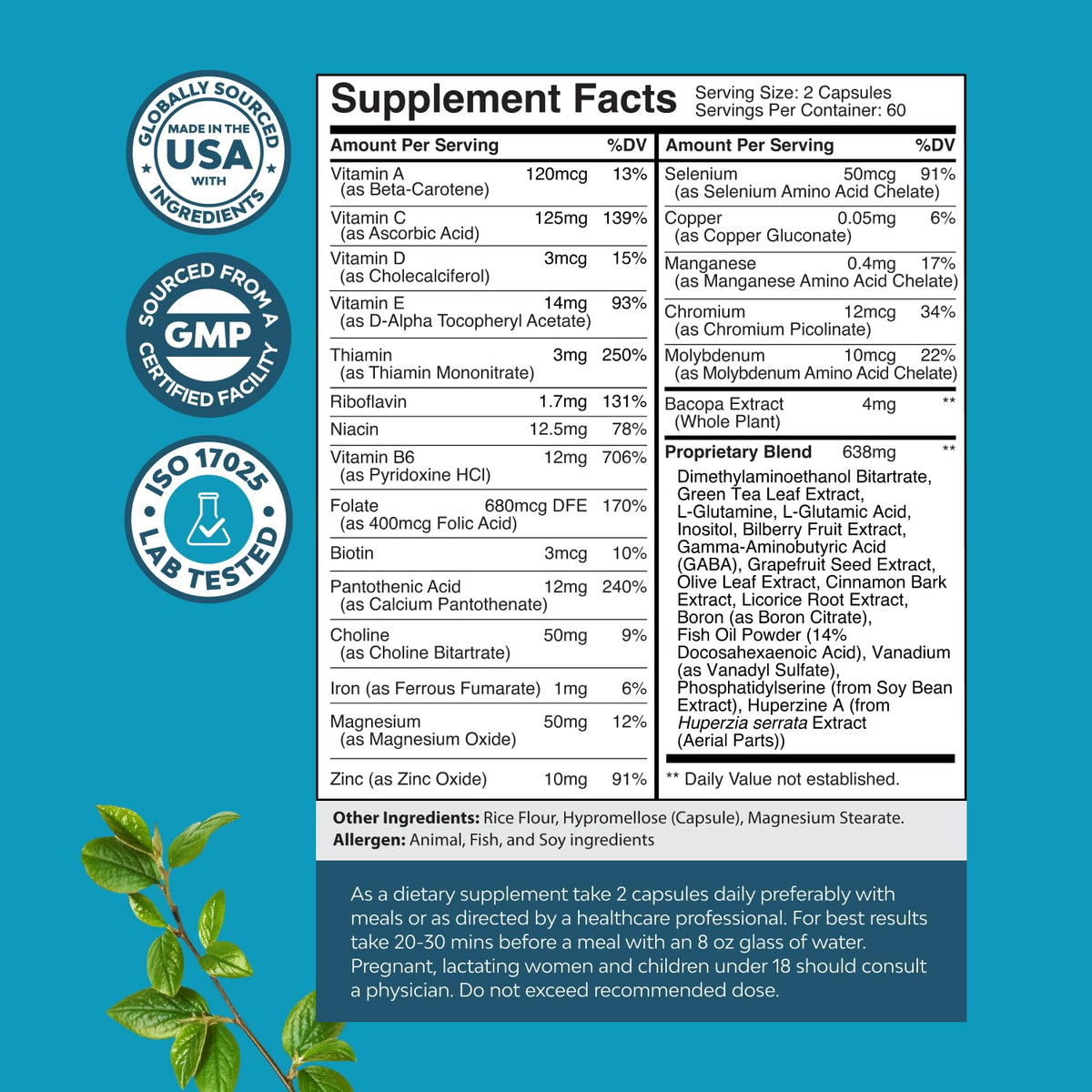 Nootropic Brain Supplement for Memory and Focus Support - Vitamins for Mental Support & Clarity with Bacopa Monnieri, VIT A, B6, Riboflavin, Niacin, Thiamin & Folate - Cognitive Complex - 120 Ct