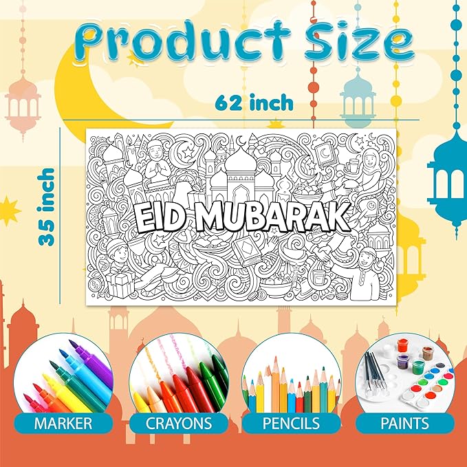OHOME Eid Mubarak Giant Coloring Poster/Tablecloth - Eid Decorations for Home,Kids Gifts Crafts Games Activities Toys Decor Party Decor for Classroom School