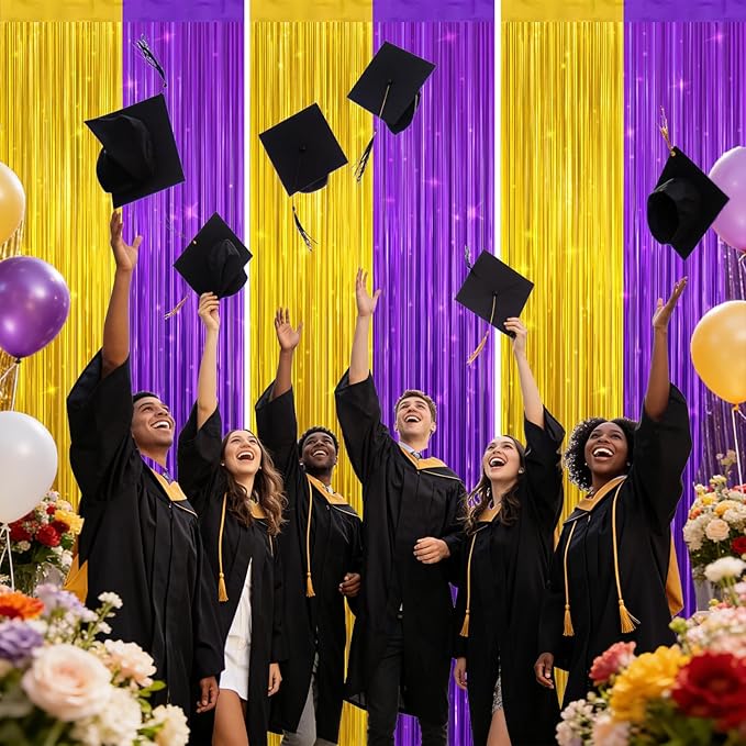 jijAcraft 3 Pack Purple Gold Tinsel Foil Fringe Curtain,Graduation Party Photo Backdrop, Metallic Foil Purple Gold Streamers for Graduation Decor Party Milestone Birthday Theme New Year’s Eve Party