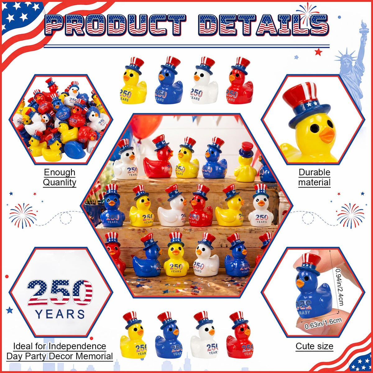 Skylety 36 Pcs Patriotic Mini Ducks 4th of July Independence Day Party Decor 250th Anniversary Red White Blue Ducks with Glue Points Garden Potted Miniature Cake Decoration Craft Patriotic Collectors