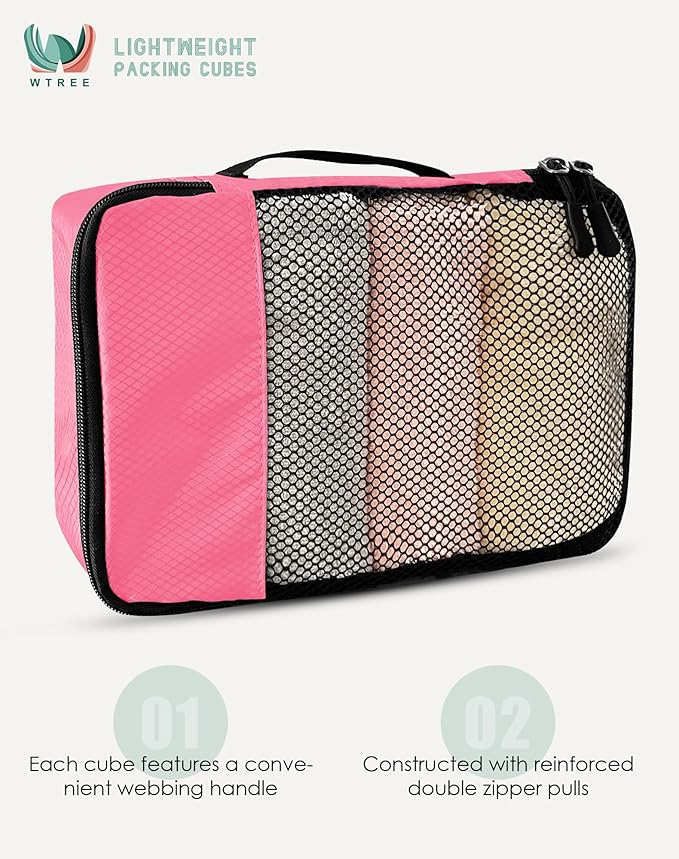 WTREE 4-Piece Packing Cubes Travel Accessories Set for Suitcases - Luggage Organizer Bags with Double Zipper - Mesh Top - Small - Pink