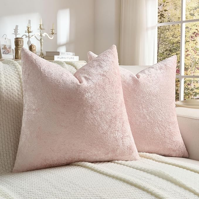 FUTEI Pink Flannel Throw Pillow Covers 24x24 Inch Set of 2,Soft Dimensional Textured European Cushion Cases,Modern Home Decor for Couch Living Room