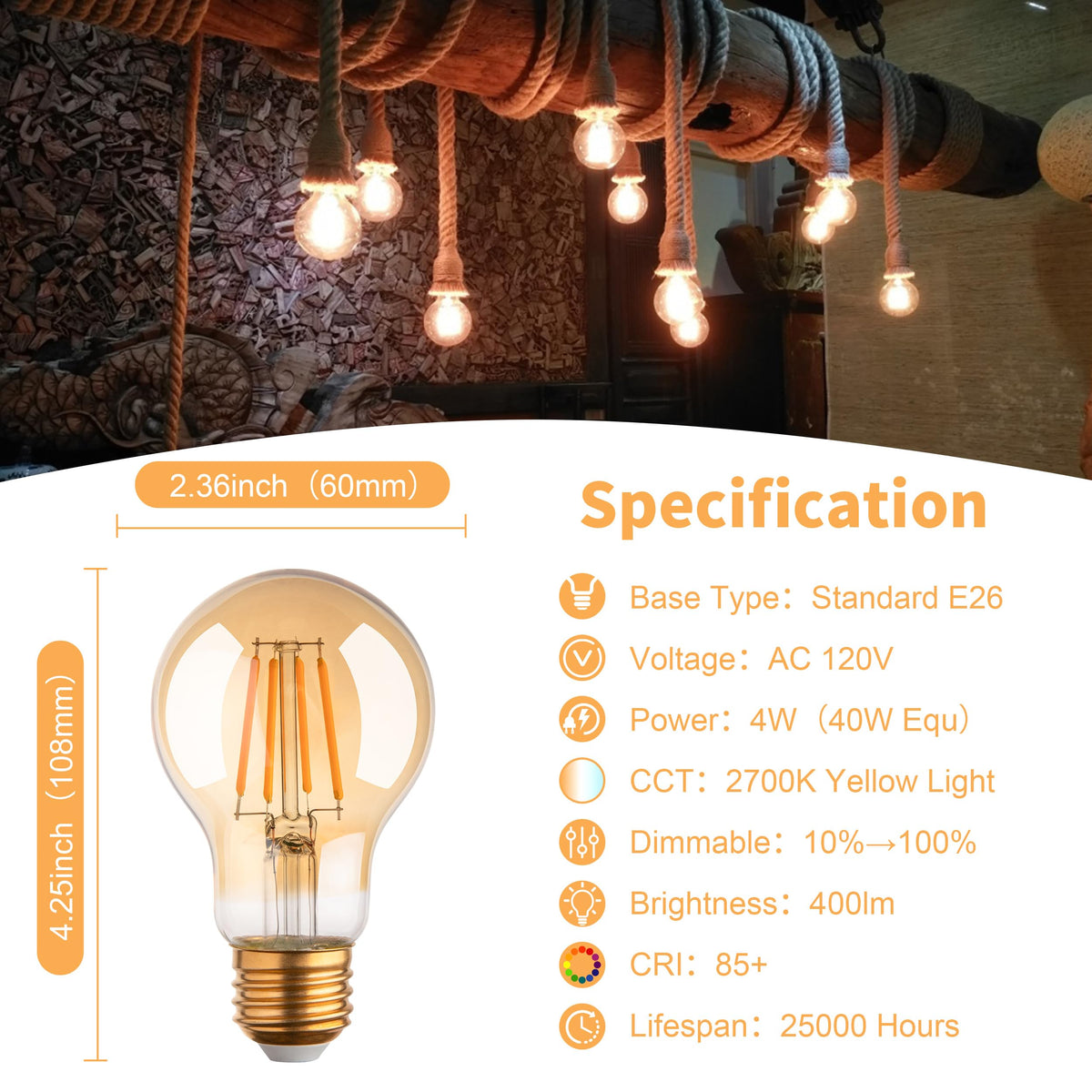 runquiz 2700K Warm Light Edison Bulbs, Vintage Warm Yellow A19 Edison Bulb, Dimmable Amber Led Soft Light Bulbs, Old Style Retro Filament Bulb, 4 Watt, 6 Pack, E26 Base