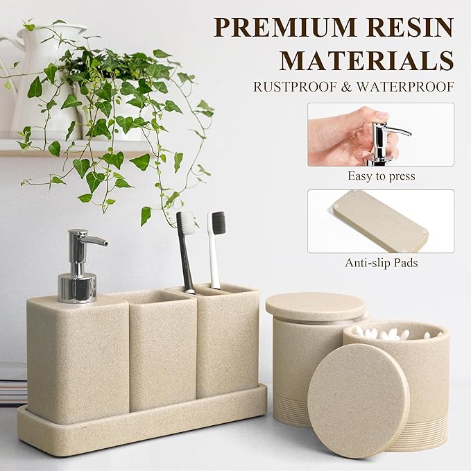 Bathroom Accessories Set, 6 Piece Bathroom Set with Toothbrush Holders, Soap Dispenser, Vanity Tray, Tumbler, Cotton Swab Jars, Bathroom Organizer，Bathroom Sink Sets, Stone Beige
