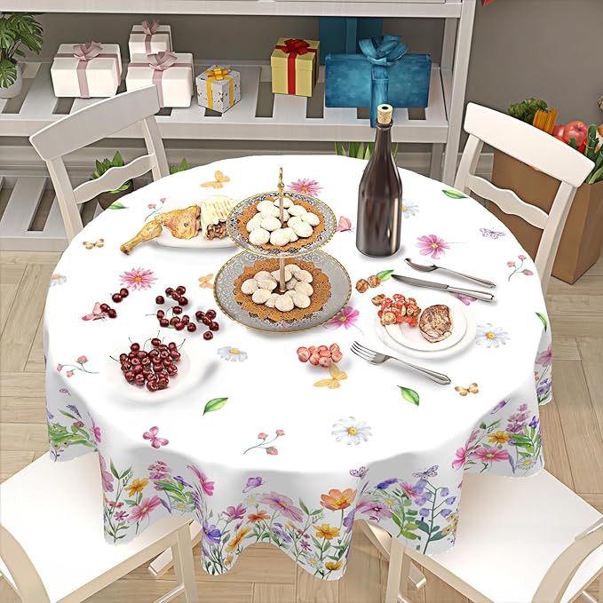 Spring Floral Tablecloth Round 60 Inch Yellow and Pink Wildflower Table Cloth Farmhouse Butterfly Table Cover Holiday Table Covers for Kitchen Dinner Party Home Decor