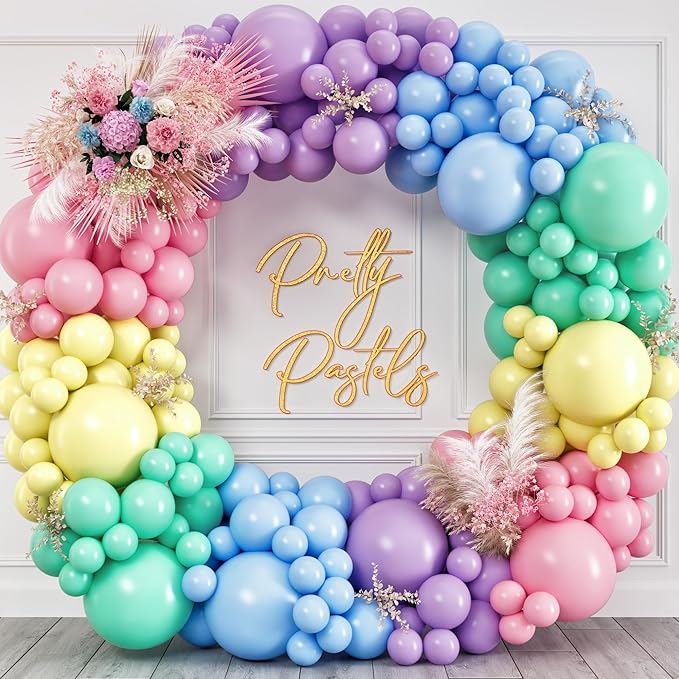ALL-IN-1 Pastel Balloon Arch Kit for Pastel Party Decorations – Easter Spring Rainbow Party Balloons for Birthday, Baby Shower Decorations - Pastels Balloon Arch Kit with Mixed Sizes Rainbow Balloons
