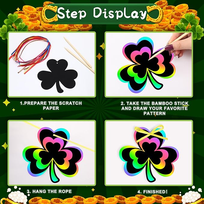 JULMELON 36 PCS St. Patrick’s Day Shamrocks Scratch Crafts Bulk Rainbow Magic Scratch Art for Kids DIY Handmade Saint Patrick’s Day Crafts for Kids St Patricks Day Classroom Party Favors Gift Tag