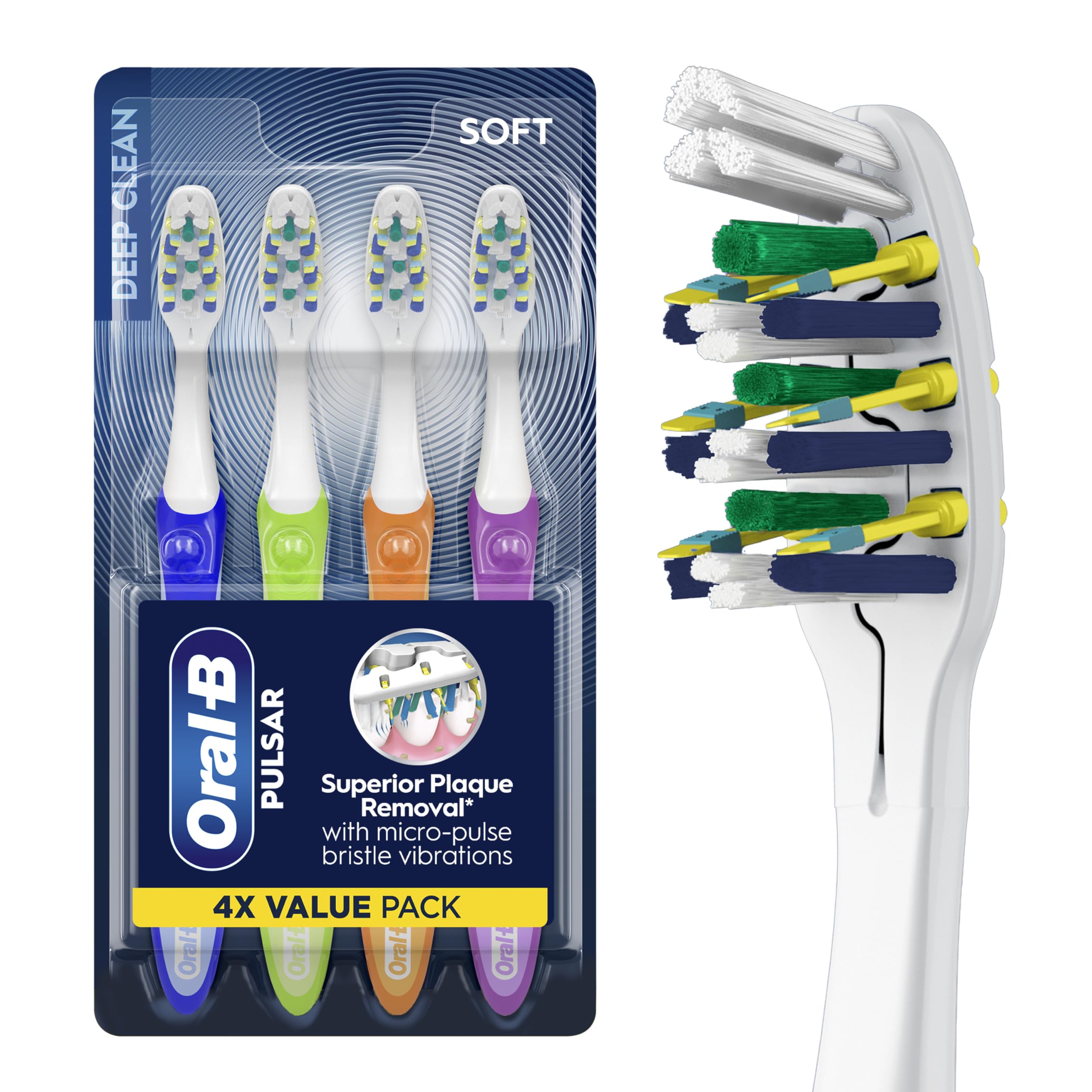 Oral-B Toothbrush, Vibrating Plaque Remover Pulsar, Vibrating Battery Toothbrush, Soft, 4 Count