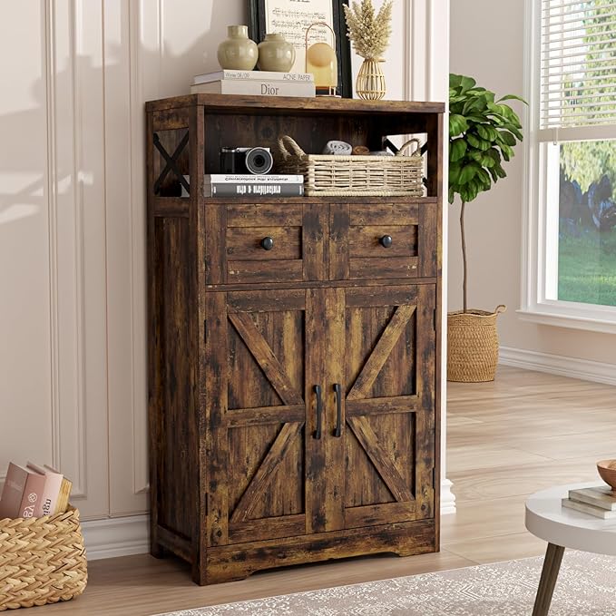 Rustic Brown Farmhouse Storage Cabinet with Barn Doors and Shelves, Freestanding Kitchen Pantry Storage Cabinet, Coffee Bar Station, Hutch Cupboard for Kitchen, Dining Room, Livingroom