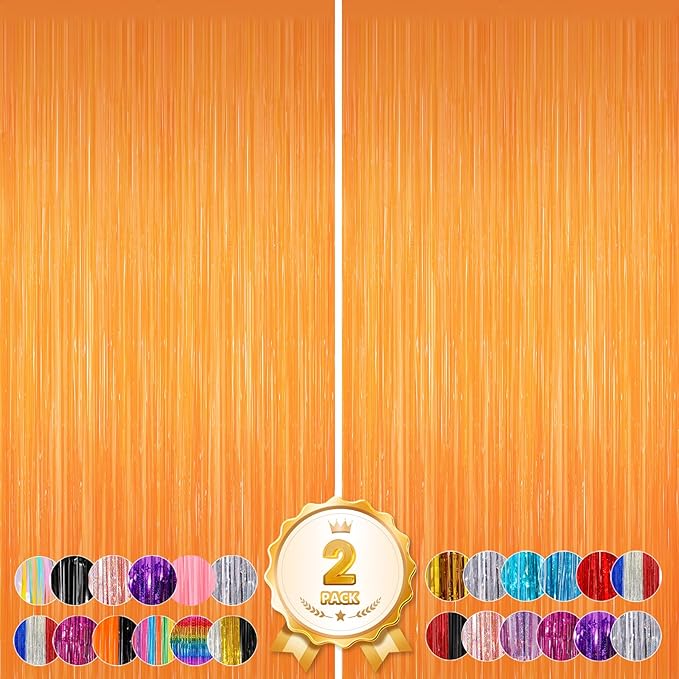 2Pack Orange Backdrop Curtains, Orange Tinsel Backdrop, Metallic Party Streamer Fringe Curtains, Foil Curtains Halloween Decor Birthday Wedding Party Decorations, Streamers for Graduations/Doorway