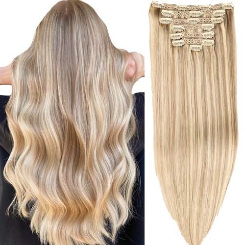 DIYOMO human hair clip in extensions Soft&Natural 120g 7pcs hair extensions real human hair clip insHair Straight&Invisible (16 Inch,#16/22)