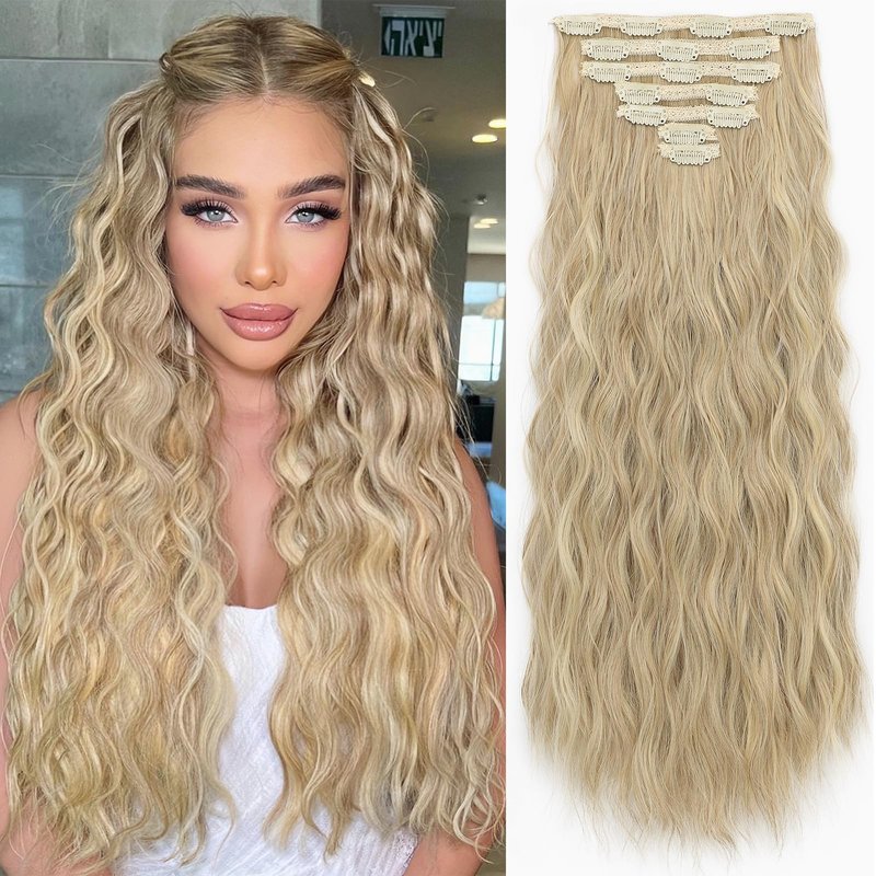 KooKaStyle Hair Extensions, 7PCS Clip in Long Mermaid Wavy Hair Extensions Thick Natural Hairpieces Double Weft for Women Full Head (20 Inch, Dirty Blonde)