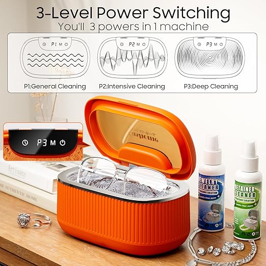 Ultrasonic Jewelry Cleaner Set with Basket/Holder - 45KHz 550ML w/Lights, 3 Powers 5 Timers & Degas Mode, 7oz Ultrasonic Cleaner Solution for Retainer, Rings, Eyeglasses, Dentures, Watches, Coins