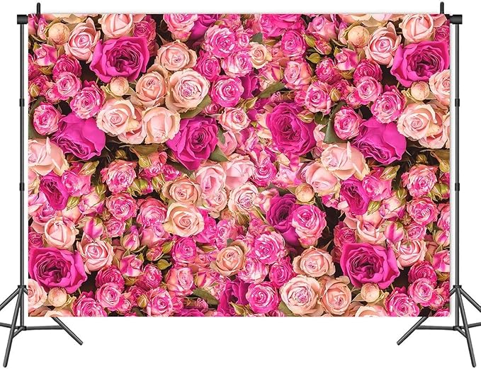 5x3FT Pink Rose Flower Wall Backdrop Spring Tea Party Photography Background Girls Princess Birthday Wedding Mothers Day Baby Shower Dessert Cake Table Decoration Banner
