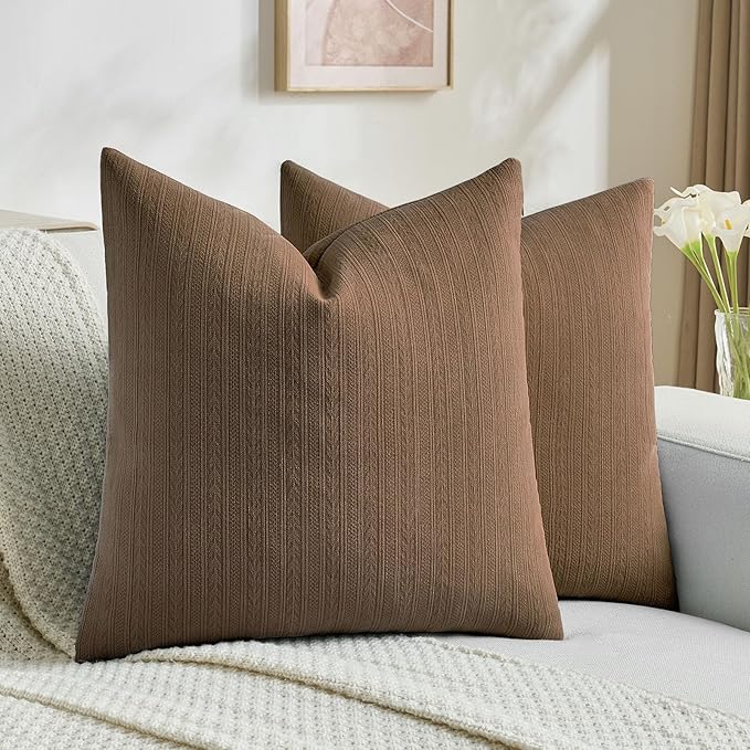 FUTEI Dark Brown Decorative Throw Pillow Covers 24x24 Inch Set of 2,Soft Cozy Wheat Ear Striped Patterns European Cushion Cases,Modern Home Decor for Couch Bed Living Room