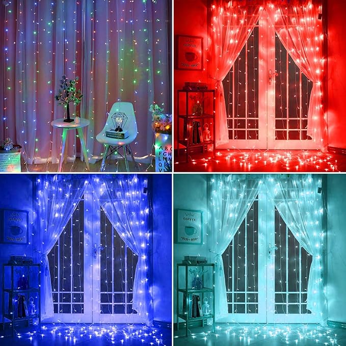 Twinkle Star 300 LED Window Curtain Lights, Christmas Rainbow RGB Color Changing 64 Functional Backdrop Light with Remote, Colorful Icicle String Light for Wedding, Party, Outdoor Indoor Decor