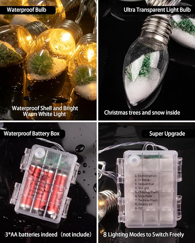 2Pcs Christmas Snow Globe String Lights Indoor Decorations 6.6 FT Battery Operated Powered String Lights for Christmas Tree Snow Scene in 20 Clear Bulbs Decor for Home Bedroom Fireplace Xmas Lights