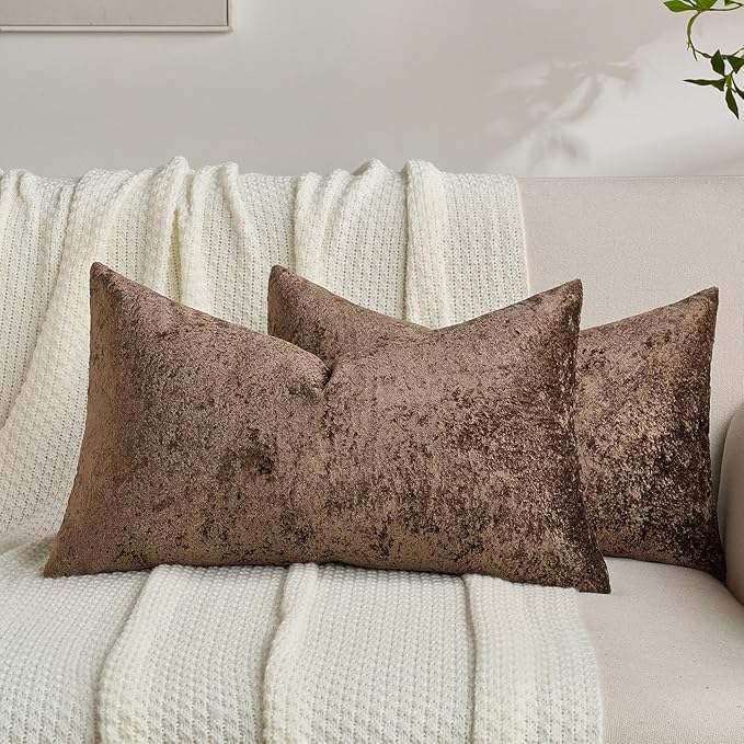 FUTEI Dark Coffee Flannel Throw Pillow Covers 12x20 Inch Set of 2,Soft Dimensional Textured Lumbar Pillow Cases,Modern Home Decor for Couch Living Room