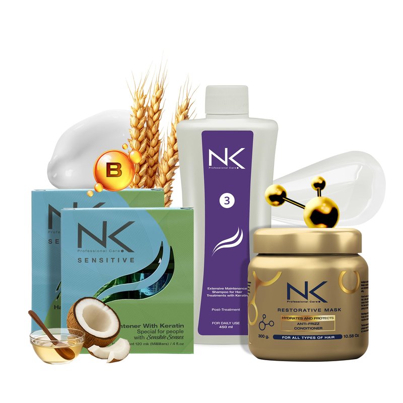 NK Professional Care Sensitive Keratin Hair Straightening Treatment, Vegan, Formaldehyde Free. Kit Steps 1,2,3,4. Sensitive straightening treatment, post-treatment shampoo and restorative mask.