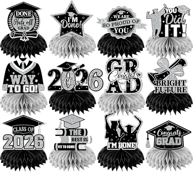 12pcs Graduation Table Decorations,Black Silver Graduation Decorations 2026 Graduation Centerpieces for Tables,Class of 2026 Centerpieces Honeycomb for Congrats Grad Table Decor(Black)