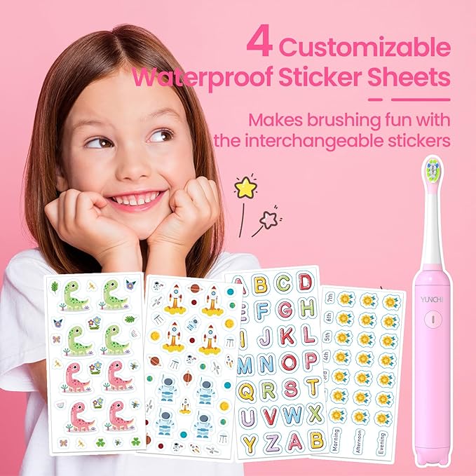 YUNCHI K5 Kids Electric Toothbrush Rechargeable with Waterproof Stickers, 3 Modes with 2 Minutes Timer, Toddler Children Sonic Toothbrush for Girls Ages 3-12, 4 Replacement Heads Soft Bristles, Pink