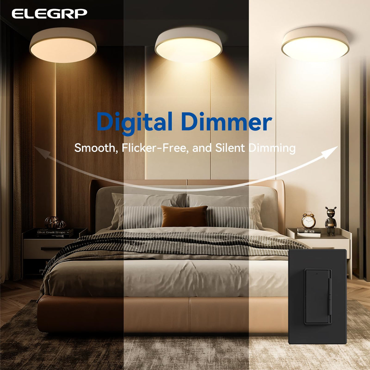 ELEGRP Digital Dimmer Light Switch for 300W Dimmable LED/CFL Lights and 600W Incandescent/Halogen, Single Pole/3-Way LED Slide Dimmer Light Switch, Wall Plate Included, UL Listed, 1 Pack, Matte Black