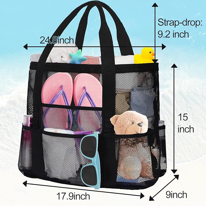 Mesh Beach Bags for Family - Women Beach Tote Bag for Toys, Towels, Travel Vacation Cruise Essentials