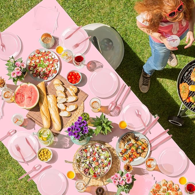 TWOWYHI 229PCS Pink Party Supplies Set Paper Disposable Plates Cups Plastic Spoons Forks Knives Pink Napkins for 30 Guests Disposable Party Dinnerware Sets for Wedding Birthday Parties