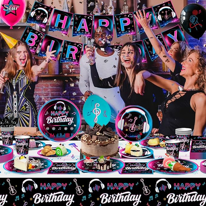 Music Party Decorations, 16 Guests Music Birthday Party Tableware Set, Music Balloons Banner Tablecloth Plates Cups Napkin etc Music Theme Party Decor Supplies