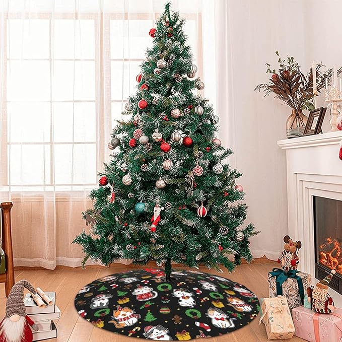 Funny Cats Christmas Tree Skirt, 30 Inch Xmas Tree Mat for Holiday Party Home Decor Indoor Outdoor Use with Adorable Cat Designs 48"