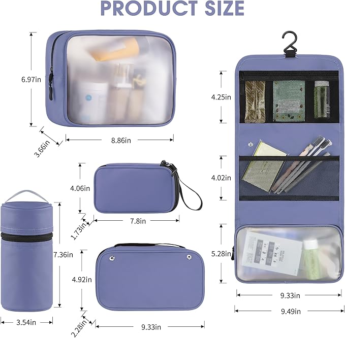 Toncoke Travel Toiletry Bag Set, Hanging Toiletry Bag Premium Faux Leather, Toiletry Bag for Women & Men, Travel Essentials Makeup Bag Water-resistant, Bluish Purple