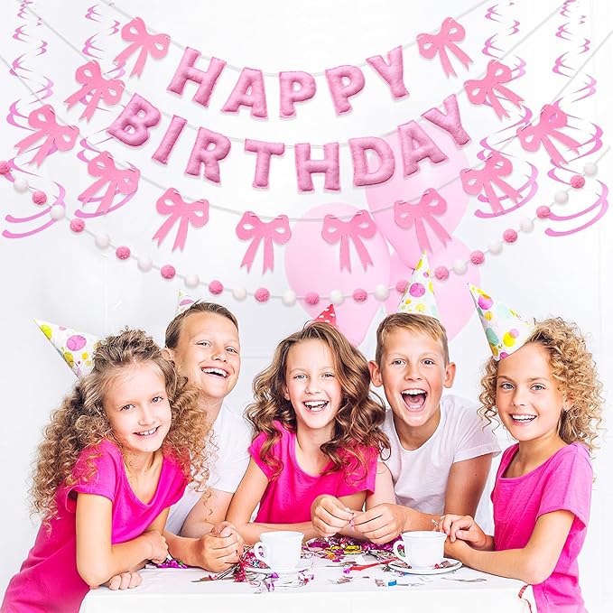 Pre-Strung Pink Bow Birthday Decorations, Reusable Coquette Party Decorations with Wool Felt Happy Birthday Banner, Bow and Felt Ball Garland for Girls Women Baby Shower Pink Bow Theme Decor