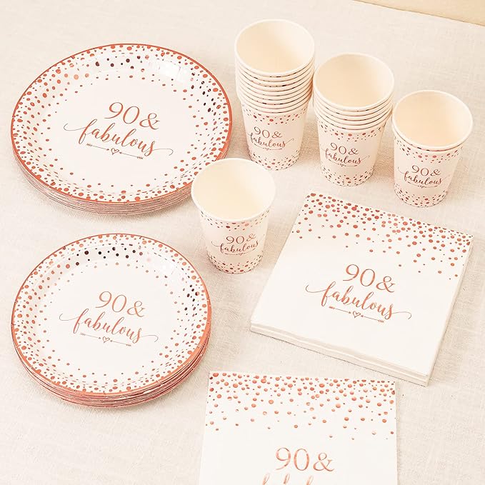 Crisky Rose Gold Foil 90 Fabulous Napkins, Cups Set for Women's 90th Birthday Party Decorations, Disposable Tableware Set of 24 (9" Plates, 7" Plates, Luncheon Napkins, 9oz Cups)