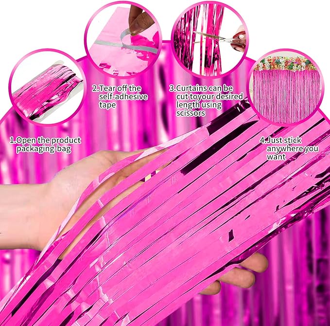 3Pack Pink Foil Fringe Curtain Backdrop - 3.3ft x 8.3ft Metallic Tinsel Photo Booth Decor for Birthday Party Decorations