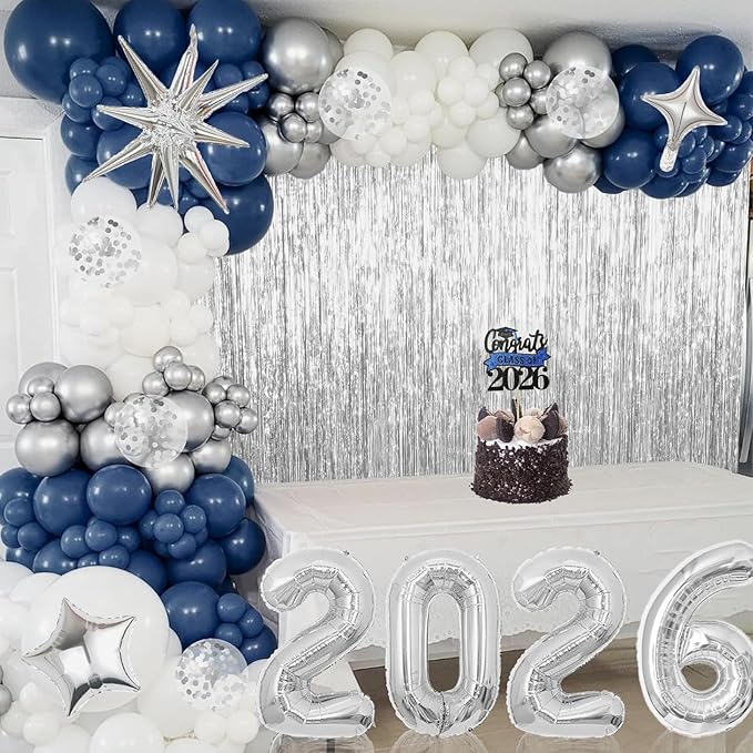 Graduation Balloon Garland Arch Kit for Graduation Decorations Class of 2026 - Navy Blue White and Silver Balloons Different Sizes 5 12 18 Inch Graduation Balloons Arch for Grad Party Supplies