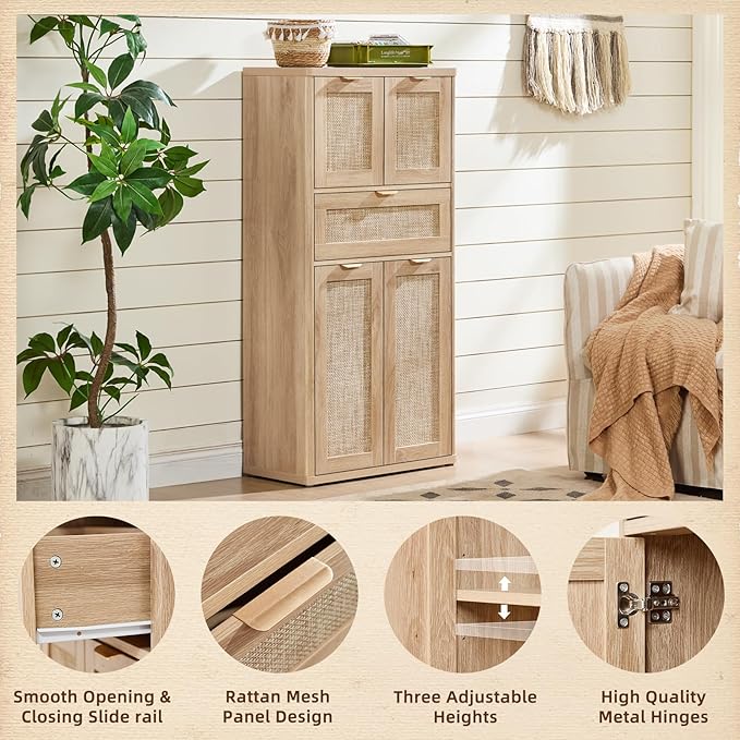 LEYAOYAO 48" Tall Storage Cabinet,Rattan Bathroom Floor Cabinets with 4 Doors & 1Drawer,Boho Kitchen Pantry with Adjustable Shelves,Wooden Cupboard for Living Room,Home Office,Dining,Natural Wood