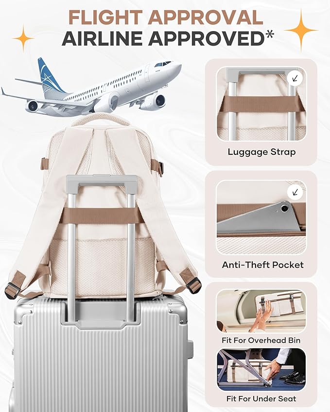 Travel Backpack Carry on Flight Approved Mochila De Viaje Personal Item Backpack for Airlines Frontier Airlines Personal Item Bag Large Backpack for Travel Backpacks for Men Women Beige with Brown