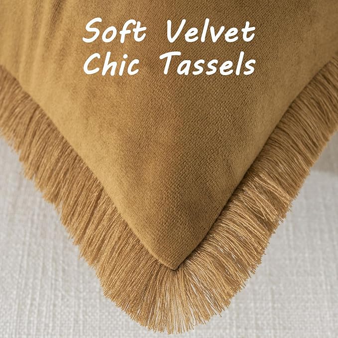 FUTEI Brown Velvet Decorative Throw Pillow Covers 22x22 Set of 2,Soft Cozy Edge with Tassels Cushion Case,Boho Modern Home Decor for Couch Bed Living Room