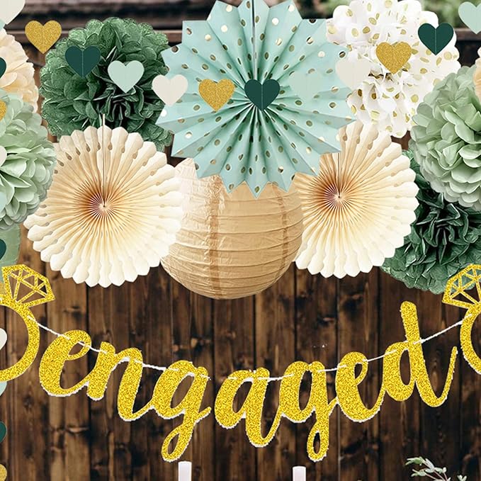 Engagement Party Decorations Sage Green Just Engaged Decorations Glitter Engaged Banner Tissue Pom Poms Paper Lanterns Tassel Garland for Married Decoration Wedding Bachelorette Party Decor