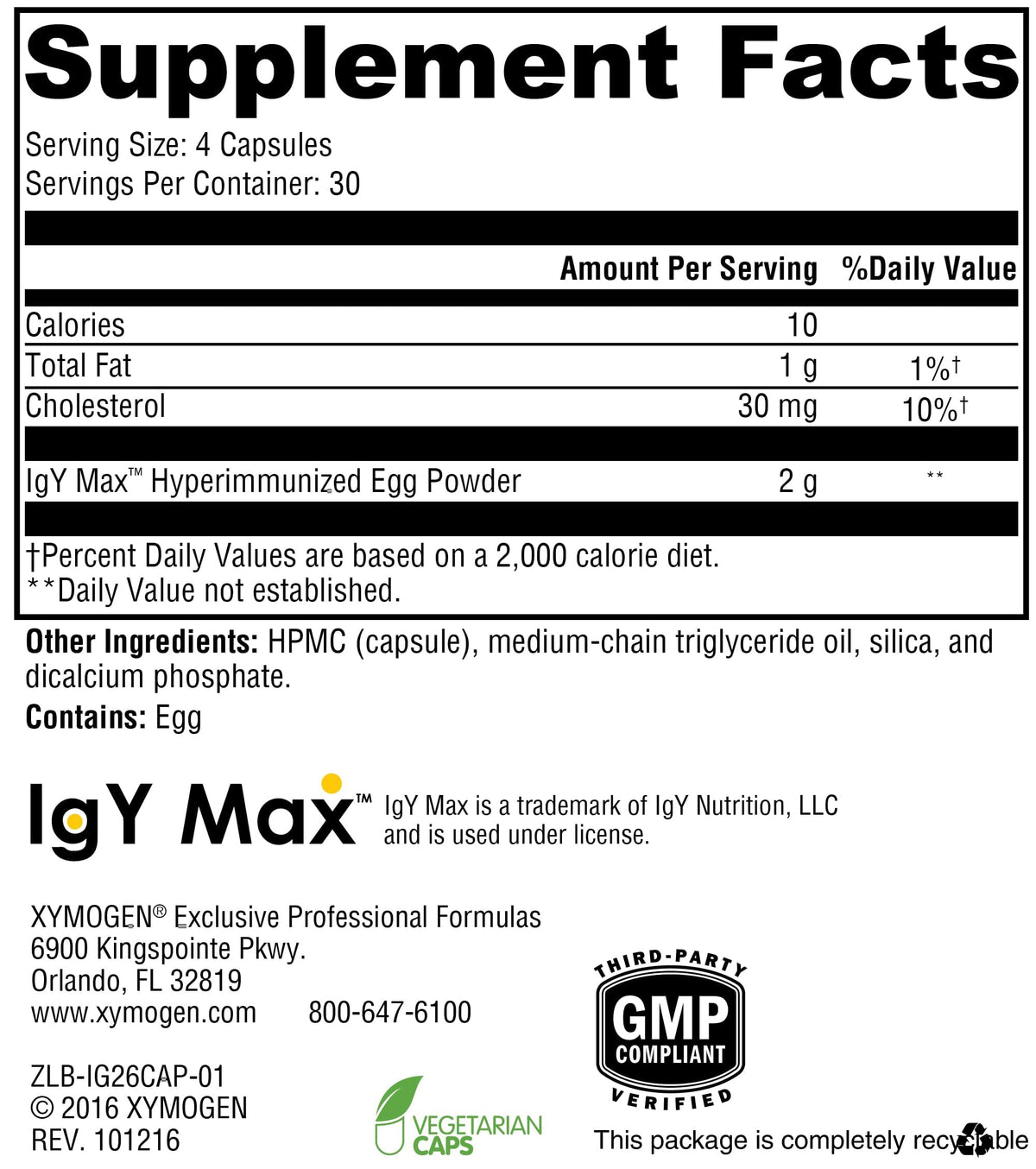 XYMOGEN IG 26 DF - Dairy-Free Immunoglobulin Capsules for Intestinal & Immune System Support - Hyperimmune Egg-Derived Immunoglobulins - 120 Capsules