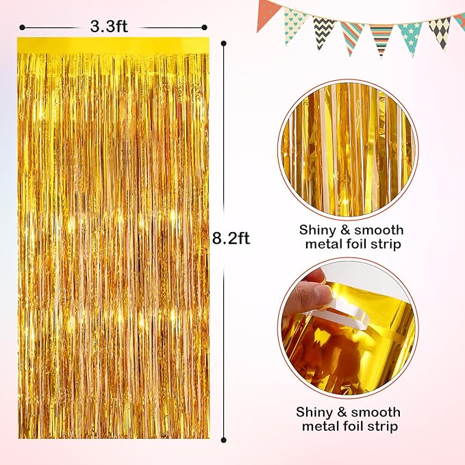 Gold Metallic Tinsel Foil Fringe Curtains, 2 Pack 3.3x8.3 Feet Party Streamer Curtains for Birthday Party Decorations, Halloween Decor, Foil Curtain Backdrop for Bachelorette Party