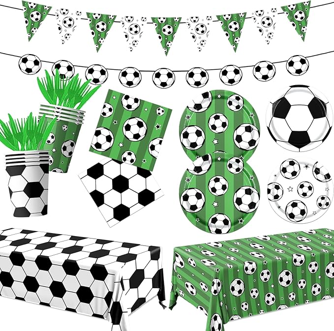 Soccer Party Tableware Set,142pcs Soccer Plates and Napkins Party Supplies Includes Banner, Plates, Cups, Napkins, Tablecloth for Boys Sports Theme Birthday Decorations,Serves 20