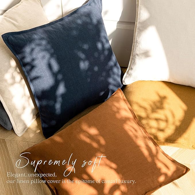 Foindtower Pack of 2, Decorative Linen Soild Throw Pillow Covers Soft Accent Square Cushion Case Boho Farmhouse Pillowcase for Chair Couch Sofa Bedroom Living Room Home Decor 24 x 24 Inch Navy Blue