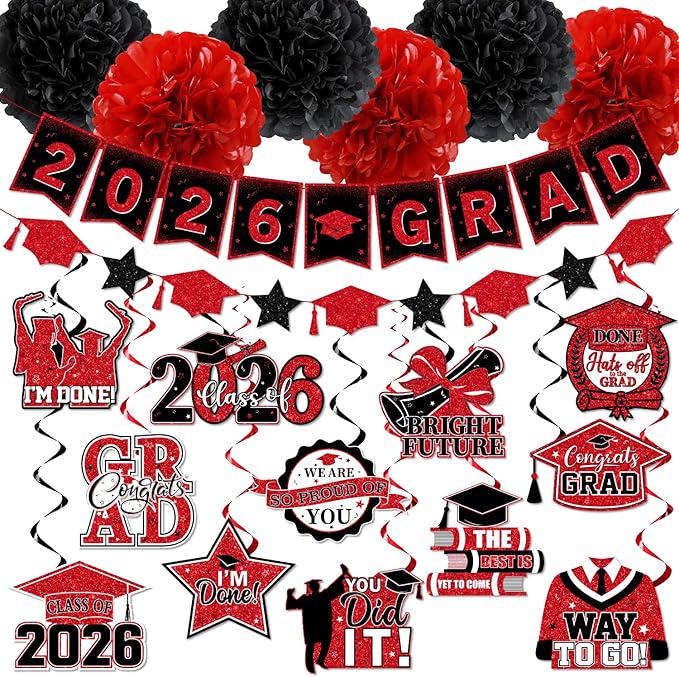 Red and Black Graduation Decorations 2026, 2026 Grad Banner and Congrats Grad Hanging Swirls, Red Graduation Banner Graduations Hanging Swirls College Graduations Party Decorations Class of 2026